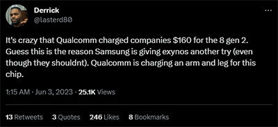 По какой цене Qualcomm продаёт один чипсет Snapdragon 8 Gen 2?